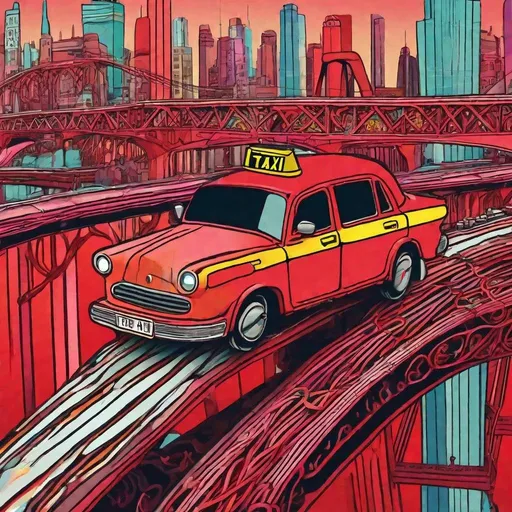 Prompt: Psychedelic colored taxi is traveling along a bridge made of red licorice. Surreal.

