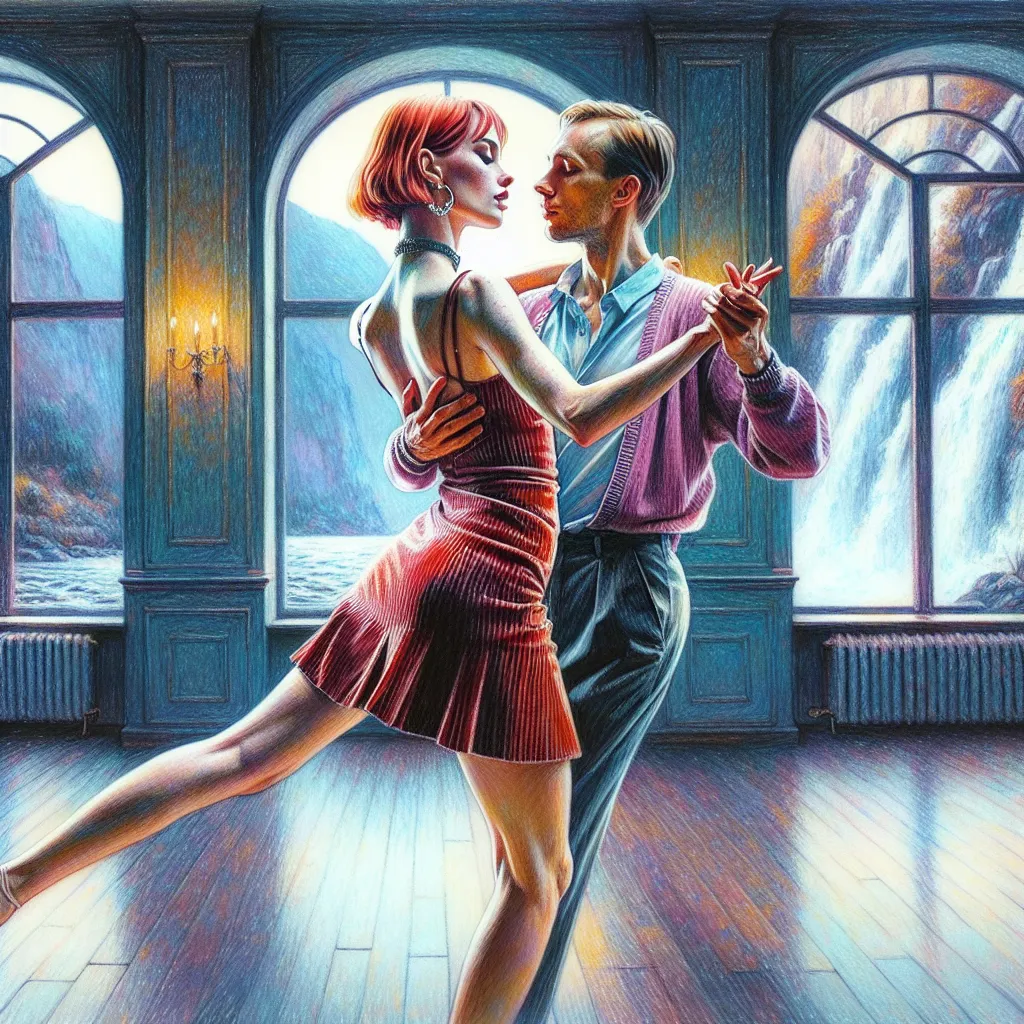 Prompt: Colored pencils, mixed media, gouache, watercolor, ink. Pastel tones. On dance floor, big picture window with waterfall outside windows. Intense emotions. Full body shot. Scottish short red hair Woman with many freckles. wavy hair, raw photo.  Slender, small-waist, long legs, melancholy eyes woman, two bright blue eyes, three quarter profile, dancing with Caucasian bespectacled man who is dancing on dance floor. waterfalls through window.  She wears very tight, very short thigh-high tight red corduroy miniskirt with matching red corduroy jacket, choker, big hoop earrings, natural textured skin, high-quality, detailed, realistic, , atmospheric lighting, dancing people, Scottish short red hair woman in red miniskirt, leggy