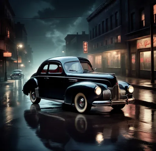 Prompt: photorealistic, (film noir) style, (cool color scheme), a nighttime setting, dark and moody atmosphere, a slick wet road reflecting city lights, a desperate woman with flowing blonde hair leaning out of the window, vintage 1940s car, dramatic lighting casting deep shadows, captivating tension, ultra-detailed, cinematic depth.