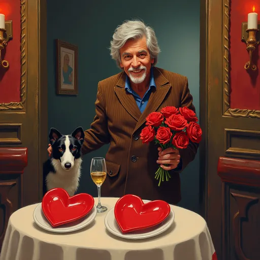 Prompt: Psychedelic art scene featuring a gray haired man with striking brown eyes, elegantly carrying red roses while dressed in a 1970s brown corduroy jacket. He stands in the doorway of fancy dinner restaurant, showcasing a table adorned with two whimsical red heart-shaped plates. A (playful black and white pointy eared border collie) lurks in the background. This highly detailed digital painting captures a surreal, colorful ambiance, blending elements of love and whimsy in a dreamy atmosphere. Ultra-detailed, captivating.
