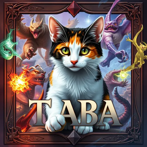 Prompt: (Artistic masterpiece) of a Magic the Gathering playing card with borders, main character is a calico white, black and orange and brown cat, magic typography spells the word TABA ( T A B A) vibrant colors, detailed fantasy illustration, dynamic action scene illustrating powerful spells, intricate borders, diverse magical creatures, ambient mystical glow, dramatic shadows, immersive storytelling, high detail, enchanting atmosphere, ultra-detailed cat, captivating, professional-quality design.