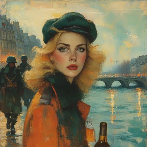 Prompt: (Abstract impressionistic colored ink drawing ), vibrant color scheme, (1941  Paris), shadowy streets at night with German tank in distance , soldiers in background, tattered French flag, portrait of a wavy blonde green eyed woman in fashionable boots drunkenly walking along the Seine river with a bottle of wine  (highly detailed facial features) search lights streaking through a tumultuous sky, vivid explosions lighting the dark atmosphere, bombed and ruined structures surrounding the scene, (dramatic), chaotic ambiance, high contrast between shadow and colorful explosions, (ultra-detailed), evocative imagery, sense of urgency and dread.