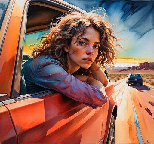 Prompt: (mixed media) expressionist, (vibrant colors) watercolor, gouache, acrylic, impasto oil, a pretty wavy haired woman leaning out of a car window, (dynamic pose), desert landscape with (sunset hues), blurred secondary car chasing in the background, (high depth) dramatic lighting, (cinematic ambience), conveying a sense of freedom and adventure, ultra-detailed, capturing a moment of motion and spontaneity.