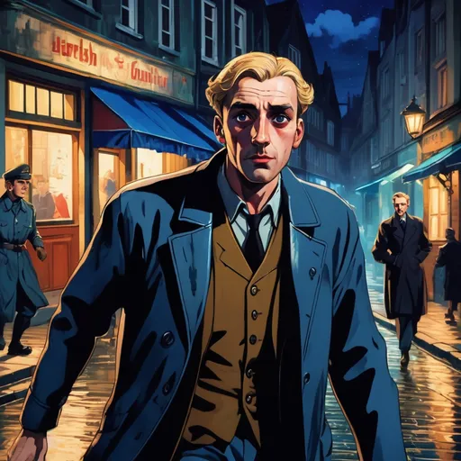 Prompt: 
Third person, gameplay, British man, 30, pale skin, blond hair, hazel eyes, chases older man, 50, carries knife, throughout Rainy streets of 1940s Germany at night, bright colors, blue atmosphere, cartoony style, extremely detailed painting 
