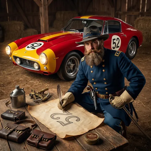 Prompt: This photograph is a highly detailed, stylized image depicting a bearded man in civil war period attire drawing the number 52 on a red and yellow Ferrari Berlinetta racing car. The man, who has a full, bushy brown mustache and wears a deep blue civil war union general’s outfit, has a dress sword at his side and a US civil war pistol in his holster belt. His right hand holds a quill pen, poised to write on a large, yellowed parchment paper that lies on a wooden table beneath the car. The racing car, a sleek,a sleek Ferrari berlinetta with racing stripes, has the number 52 prominently displayed in white on its doors and hood. The car's front grille features the Ferrari logo,, and the headlights are on. Scattered around the table are civil war items for varying uses, canteen, sextant, ammunition, a tobacco tin. The background is a blurred, neutral brown, which keeps the focus on the soldier and the car. The image combines elements of realism with a touch of fantasy, blending historical costume with modern automotive design.