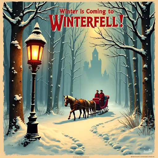 Prompt: (accurately spelled text "Winter Is Coming to Winterfell!"), vintage 30's travel poster, ornate lamppost, enchanting forest setting, horse-drawn sleigh, distant fortified castle, a huge ice wall in distant background snowfall, whimsical atmosphere, warm earthy tones with pops of white, intricate details, cozy yet mysterious ambiance, high quality, ultra-detailed, romantic winter scene, inviting travel destination.