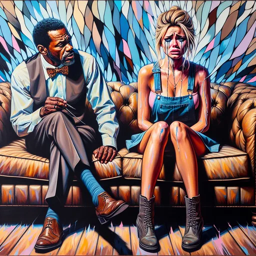 Prompt: abstract expressionism, attractive male psychologist wearing bow tie watches a (sad tearful slender pretty blonde Caucasian ) woman (wearing flared very short pinafore dress and ankle boots),  distressed couch, emotional atmosphere, intense brushstrokes, vibrant colors, distressed expressions, high energy, raw emotion, large canvas, powerful composition. 