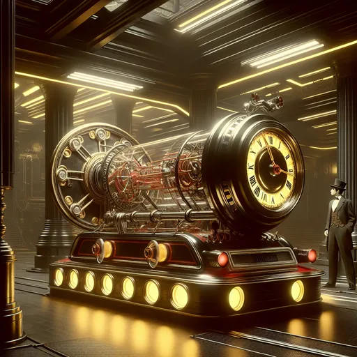 Prompt: Time traveler and his Victorian Time Machine, black and red, in the style of 1960 movie the Time Machine starring rod taylor, high contrast, digital art, detailed metallic machine, vintage futuristic, mysterious atmosphere, professional quality, sci-fi, steampunk, metal, yellow  tones, dynamic lighting