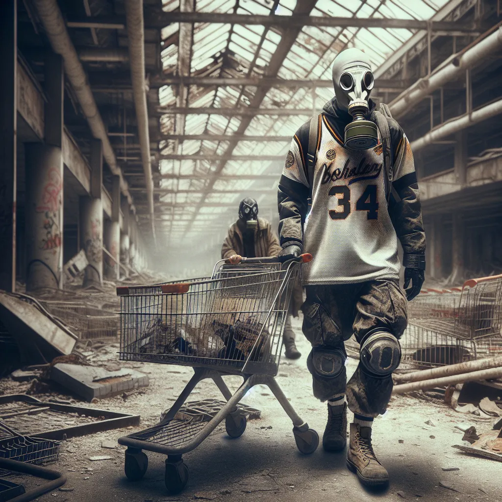 Prompt: <mymodel> A post-apocalyptic survivor with a gas mask, distressed sports jersey, and a shopping cart, wandering through a desolate shopping mall, gritty textures, muted colors, realistic style