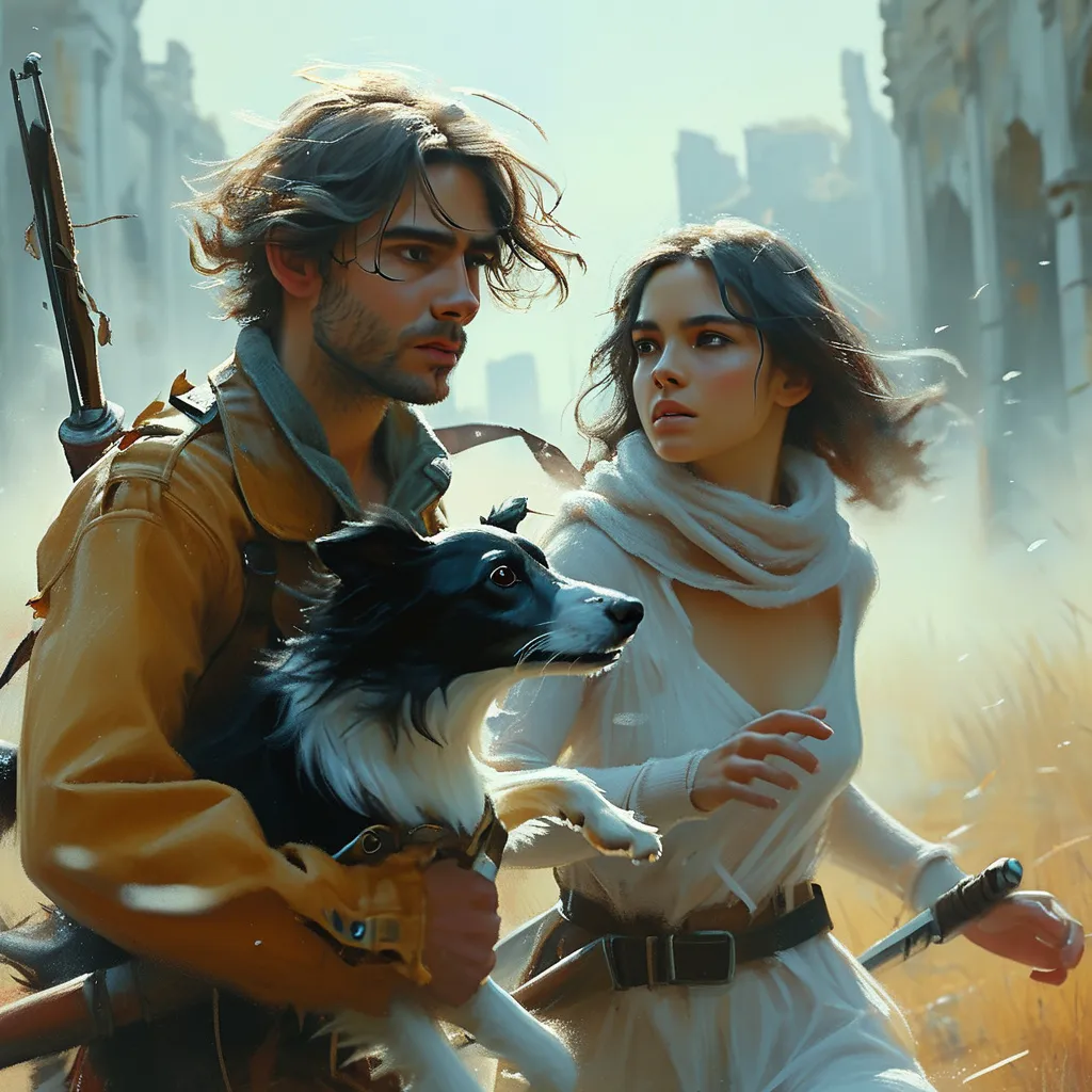 Prompt: Dreamy pastel portrait, (ethereal atmosphere), Caucasian man and woman running with their black and white pointy eared border collie, the carry hunting knives, post-apocalyptic battleground, soft pastel colors, misty and surreal lighting, slightly glowing hues, sense of urgency and determination, ruins and broken structures in the background, high detail and ultra-detailed, 4K realism, cinematic depth, high contrast between characters and background, floating particulate matter, dramatic composition.