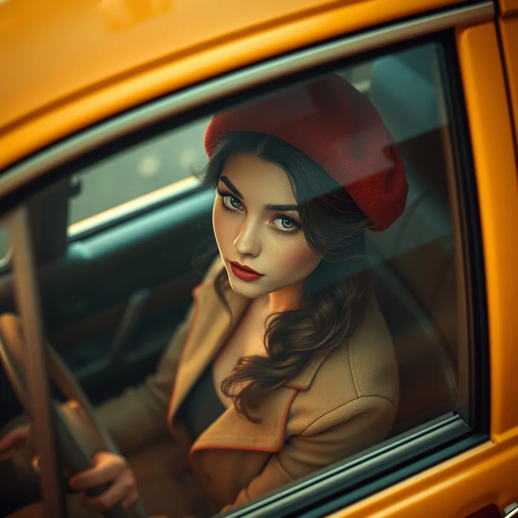 Prompt: (fantasy style image), aerial angle, warm color scheme, (aerial view), woman getting into a taxi, wearing a red French beret, beautifully intricate details, realistic portrayal, inspired by Artgerm and James Jean, charming and sweet expression, beautifully rendered fantasy portrait, (Joyce Ballantyne style), engaging ambiance, high detail, ultra-detailed, cinematic lighting, soft atmospheric glow.