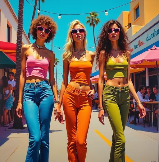 Prompt: "Full length full body thick impasto oil painting art by Robert Maguire , invent a three people slender protagonist,  vibrant character in hippie 1960s clothes, standing in line outside Sunset boulevard club busy street background"