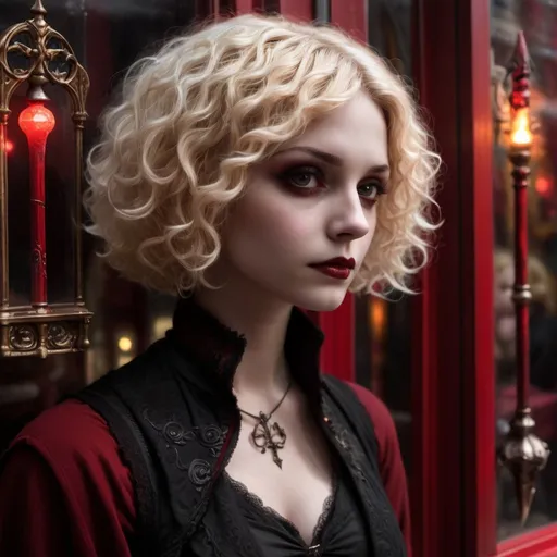 Prompt: Short-haired, curly blonde in profile, 30s, ornate shop window, display of magic wands, Harry Potter town, gothic fantasy, sinister magic, red and black tones, intense gaze, detailed facial features, eerie lighting, highres, gothic fantasy, magical, sinister, detailed, professional, red and black tones, Harry Potter-inspired, intense atmosphere