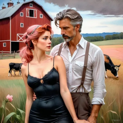 Prompt: Colored pencils, mixed media, gouache, watercolor, ink. Pastel tones. A man and a woman. Farm. Red barn. Intense emotions. Full body shot. Man is worried, tall, gray hair, 45. Woman is worrying beautiful very short spikey pink ponytail haired with freckles. raw photo. Look at each other with worry and concern. Red barn  in background.  Slender small-waist long legs, upset worried woman, two bright blue eyes, three quarter profile, embracing man near people and cows.  She wears very tight, very short black minidress satin , cross necklace , natural textured skin, high-quality, detailed, realistic, , atmospheric lighting, sheep in background, blonde woman in minidress , tights, leggy