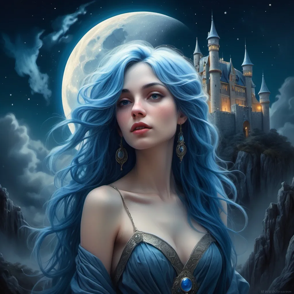 Prompt: (a woman's portrait), blue hair cascading down her shoulders, a majestic castle on the moon, rendered in (fantasy art style), (highly detailed digital painting), illuminated by a full moon glowing bright in the night sky, ethereal and surreal atmosphere, rich textures, crisp details, enchanting light play, captivating moonlit scene, (ultra-detailed), artistic masterpiece.