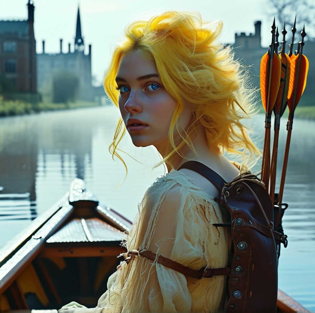 Prompt: Surreal pastel portrait, (ethereal atmosphere), Caucasian yellow-gold messy hair blue eyed woman in a punt boat on the Cambridge university river. She has a leather quiver with several tall arrows strapped to her back. . England post-apocalyptic battleground, soft pastel colors, misty and surreal lighting, slightly glowing hues, sense of urgency and determination, ruins and broken structures in the background, high detail and ultra-detailed, 4K realism, cinematic depth, high contrast between characters and background, floating particulate matter, dramatic composition.