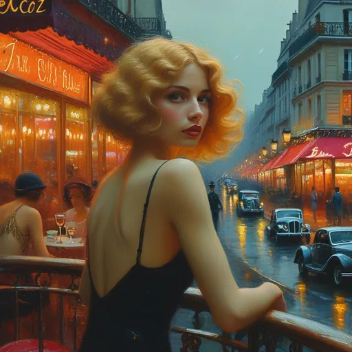 Prompt: (surrealism style full body portrait), vibrant color scheme, enchanting (1922 Paris) scene, shadowy streets at night, alluring jazz club glowing in the distance, elegantly dressed people in the background, fluttering French flag, sleek vintage car parked nearby, captivating portrait of a blonde woman and man on a balcony, highly detailed facial features, relaxing outside a charming café, moody atmosphere filled with jazz music. 4K, ultra-detailed.