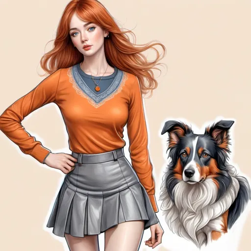 Prompt: (gorgeous hand drawing, a full body sketch ),  of (actress lookalike of  Claudia Jessie of bridgerton ), 35 years old, pale skin, (detailed facial features), bright gray-blue eyes, orange bangs  hair) wearing tight mini skirt, ankle boots, and (a border collie logo cropped top) pencil sketch style, elegant lines, delicate shading, (artistic masterpiece), emotional depth, (high quality, ultra-detailed) sketch ambiance.