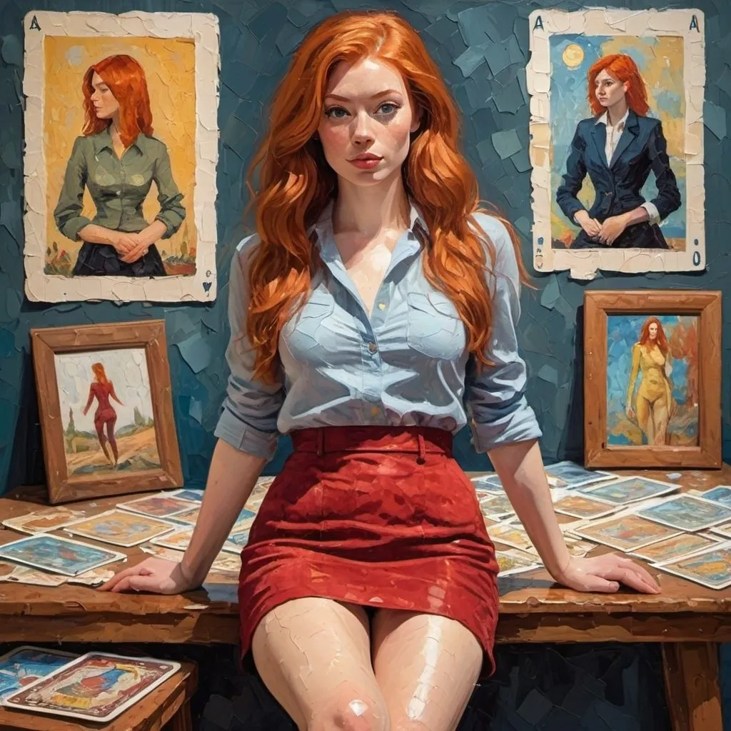 Prompt: Impressionistic thick impasto oil illustration of a stunning 22-year-old ginger-haired woman, full body shot, emphasis on legs and tights, red corduroy skirt suit, large palette-knife strokes, tarot card style