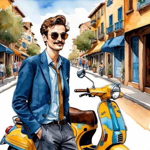 Prompt: Blue and gold inks, cartoony Stan Lee style profile portrait of a slender 25 year old adult English man looking up, watercolor, gouache, acrylic, ink, walking his Vespa across a street, long straight brown hair, mustache, colorful clothes, detailed facial features, natural and soft lighting, high quality, detailed facial features, slender build, English man, Vespa , colorful detailed clothing, natural lighting