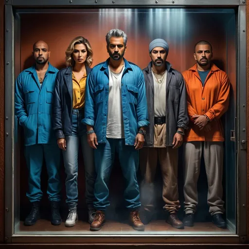 Prompt: Full body photorealistic Portrait of four handcuffed prisoner suspects dressed in old worn clothes in a suspect lineup, photorealistic, vibrant colors, one petite female suspect, three dangerous male suspects, seen through a 
 (two-way glass) viewing window, intense scene, contrasting personalities, dramatic lighting, ultra-detailed facial expressions, institutional background, gritty textures, realistic clothing, high detail rendering, cinematic composition, HD quality.