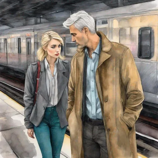 Prompt: Colored pencils, mixed media, gouache, watercolor, ink. Pastel tones. A man and a woman. Intense emotions. Full body shot. Man is worried, tall, gray hair, 45. Woman is worrying beautiful very short blonde haired with freckles. raw photo. Look at each other with worry and concern. Train station in background.  Slender small-waist long legs, upset worried woman, two bright blue eyes, three quarter profile, embracing man near people and train.  She wears very tight, very short white satin miniskirt, red bustier, white satin jacket, cross necklace , natural textured skin, high-quality, detailed, realistic, , atmospheric lighting, train in background, blonde woman in miniskirt , tights, leggy