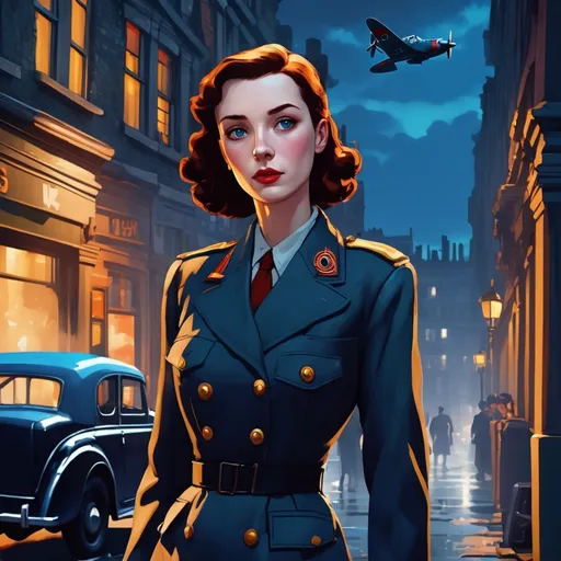 Prompt: 
Third person, gameplay, British woman spy, 30, pale skin, brunette hair, hazel eyes. Skies with fighter planes. Rainy streets of 1940s London Blitz at night, bright colors, blue atmosphere, cartoony style, extremely detailed painting 
