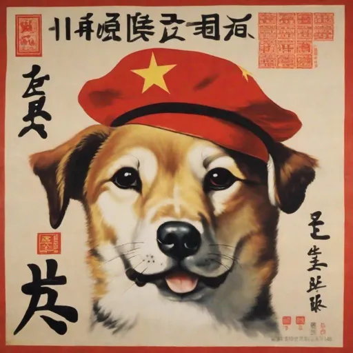 Prompt: Chinese propaganda poster from the cultural revolution, portrait of a dog in red star beret