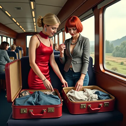 Prompt: Two women in train compartment.(Blonde ponytail woman in red satin miniskirt and sleeveless turtleneck reaching into an open suitcase full of clothes).  (Scottish redhead bangs hair wearing tight jeans and fancy silver cropped jacket, lots of jewelry, putting in lipstick).

(British rail vintage train compartment. Wooden seats, old fashioned. Two tweed suitcases lie open, one on a seat, the other on an overhead storage shelf)

The two woman are sorting through the suitcases. They are pleased and in a good mood.

Scottish countryside side seen through train window. A few other passengers in background.

woman are seen in full body. - F. Scott Hess, figurative art, professional digital painting, a hyperrealistic painting,