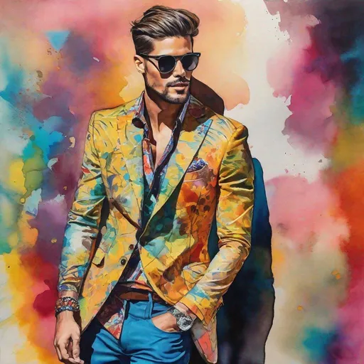 Prompt: Fashion photographer capturing male model, mixed media, ink, watercolor, gouache, colored pencil, sophisticated camera, colorful outfit, high quality, detailed, fashion illustration, vibrant colors, mixed media style, professional lighting