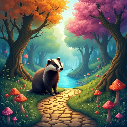 Prompt: A vibrant, enchanting forest scene unfolds, where a striking badger stands prominently on a winding path made of golden stones. The surrounding environment is filled with colorful, whimsical trees, their branches draped with an array of brilliant hues, while a serene stream glimmers in the background. Lush greenery carpets the ground, dotted with fantastical mushrooms and glistening crystals that add a magical touch to the landscape. The light filtering through the canopy casts a warm, dreamlike glow, enhancing the image's whimsical feel and evoking a sense of wonder and tranquility in this fantastical woodland realm.