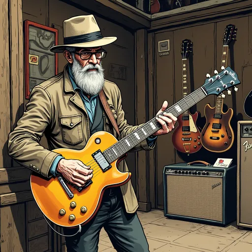 Prompt: Junji Ito manga style, inside a guitar store there is an old place man in a hat holding the one only highly detailed Gibson 335 electric guitar. a vintage wall (old wood, decals). next to it is a fender amp, Manga scene.