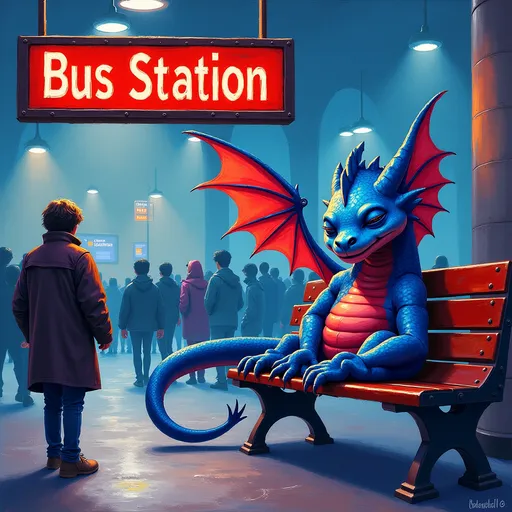 Prompt: Accurately spelled sign reading ‘Bus Station’ (vibrant expressionist painting) 

of a skinny friendly smiling blue (with red belly and red wings) sleeping dragon perched on a bench in New York City’s Grand Central Station, (dark blue and red palette), dynamic lighting with dramatic contrasts of light and shadow, (high-quality) composition showcasing the expressive essence of the scene, a captivating interplay of colors that evokes a sense of wonder and enchantment in a lively urban bus station terminal backdrop.