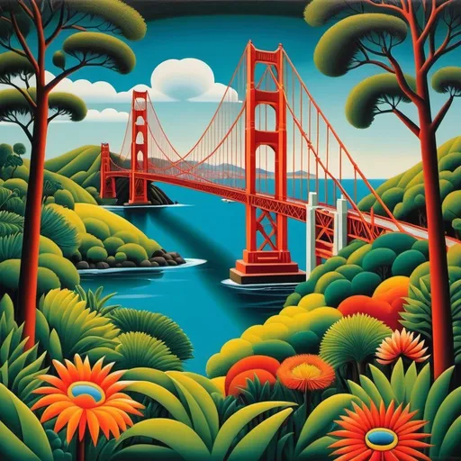 Prompt: Vibrant and playful depiction of the Golden Gate Bridge in the style of Henri Rousseau with bold colors