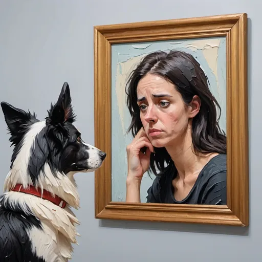 Prompt: thick impasto oil painting of sad woman looking at a framed photo of a skinny pointy eared border collie, thick bumpy paint strokes