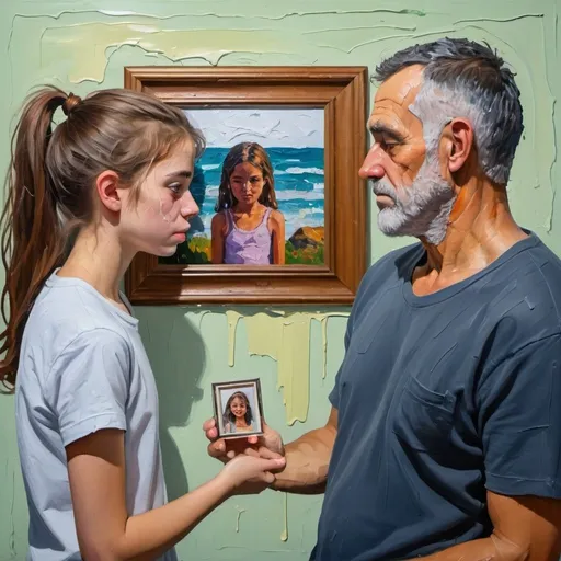 Prompt: thick impasto oil painting of sad man looking at a framed photo of a happy tween girl, thick bumpy paint strokes