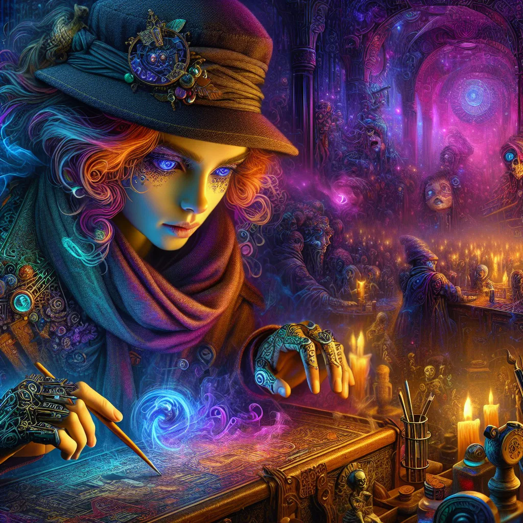 Prompt: Mysterious woman magician, surreal digital painting, eerie gothic hair salon, intricate details, high definition, cartoon style, surrealism, colorful atmosphere, surreal lighting, mysterious aura, detailed facial features, magical, mysterious, eerie, surreal, high definition, intricate, cartoon style, colorful, gothic, haunting, magical aura, atmospheric lighting