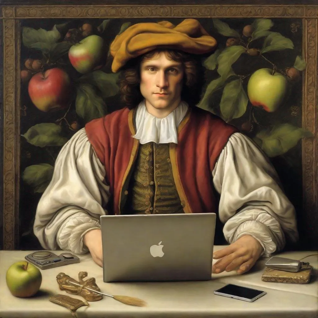 Prompt: A painted portrait of a man in style of Renaissance painter Raphael working with his apple laptop computer 