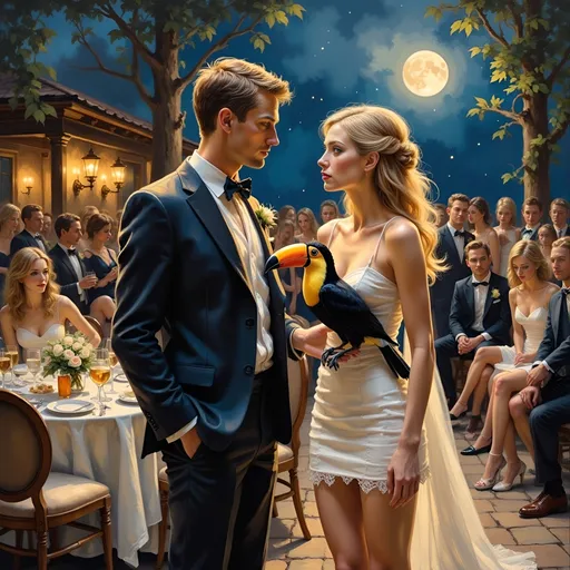 Prompt: (thick impasto oil painting), two people, (full length, full body), a shy man in a wedding suit, with (best man at his side) nervously gazing to his side at a flirtatious strawberry blonde woman in a (very short bride moment minidress), carrying a toucan instead of a bouquet , set in a (romantic nighttime wedding) ambiance, soft moonlight and twinkling stars illuminating the scene, elegantly draped chairs filled with guests, warm tones contrasting with the cool night, ambiance filled with excitement and anticipation, ultra-detailed.