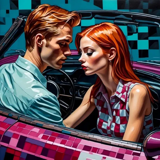 Prompt: <mymodel>Pop art painting of a woman and a man driiving a convertible, high definition, partial profile, looking up, strong colors, dripping paint, checkerboard background 
, vibrant, detailed, retro, dynamic lighting