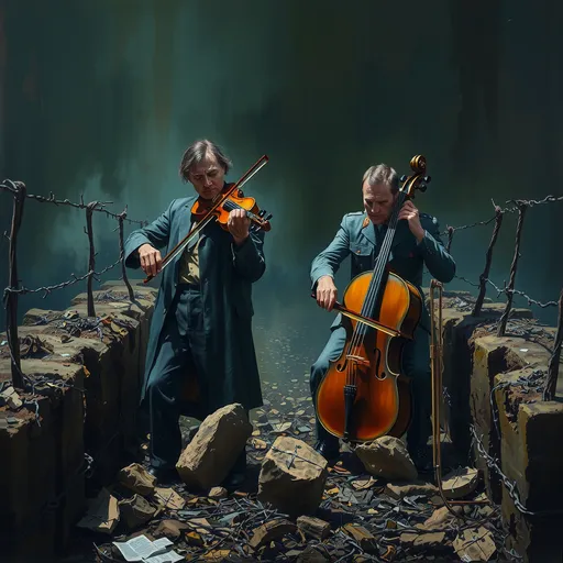 Prompt: (thick impasto oil painting), (dark color scheme), (surrealism style), a sad, devastated violinist and a weeping cellist are standing amidst the barbed wire of a haunting WW1 battlefield, desolate environment, chilling barbed wire surrounding trenches, raw and vivid emotions, dramatic shadows illuminate the figures, contrasts of light and dark enhancing the atmosphere, powerful expressions of sorrow and loss, ultra-detailed, evocative imagery.