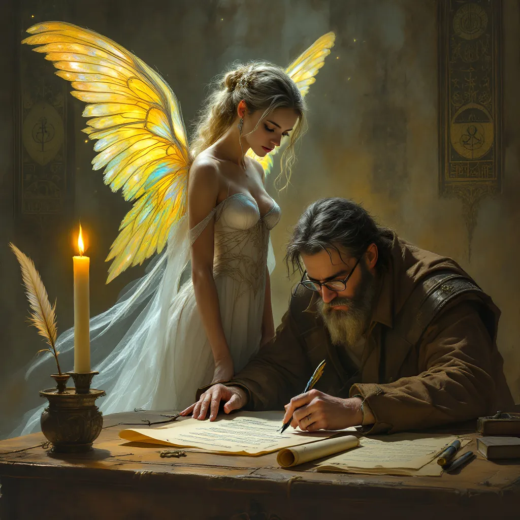 Prompt: A golden-winged figure, embodying a mystic aura, stands and leans gracefully over an aged wooden desk, a bureaucrat deeply engrossed in writing. Her intricate golden attire, adorned with ancient symbols, glimmers softly in the dim light of a solitary candle, casting flickering shadows that dance across the dark background filled with celestial elements. The serene expression on her face reflects concentration and a bureaucratic depth, as she holds a quill delicately, poised above an expansive parchment filled with text. Surrounding her, various vessels and coins share the space, hinting at a narrative steeped in mystery and ancient knowledge, all unified by a muted color palette that enhances the ethereal atmosphere of the scene.