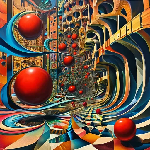 Prompt: (surrealism style), vibrant colors, (M.C. Escher-inspired) roulette wheel , featuring intricate geometric patterns and mind-bending perspectives, dynamic shadows and highlights, creating an illusion of depth, captivating ambiance, (ultra-detailed), emphasizing the contrast of the dark ball against the colorful and complex table design, whirling reds and blacks and numbers, inviting viewers to explore.