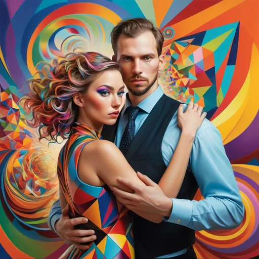 Prompt: (photorealistic), a Caucasian man and Caucasian woman in a striking pose, vividly adorned with (colorful geometric shapes) swirling in the background, inspired by the artwork of Android Jones, transforming the scene into a highly detailed digital painting. Emotive dynamic composition, showcasing vibrant colors and a creative ambiance. Captivating and lively atmosphere, inviting the viewer into an ultra-detailed world filled with energy and visual depth.