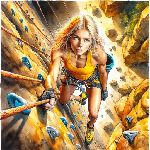 Prompt: <mymodel> high angle shot of a (determined blonde female rock climber), (blue eyes), dressed in a (vibrant yellow minidress, matching yellow heels, rugged black climbing vest), surrounded by (pitons and rope), against a backdrop of (yellowish brown rocks and lush green trees), showcasing an artistic blend of (watercolor, mixed media) with striking (colored inks and colored pencils), warm tones, dynamic atmosphere, ultra-detailed, 4K resolution.