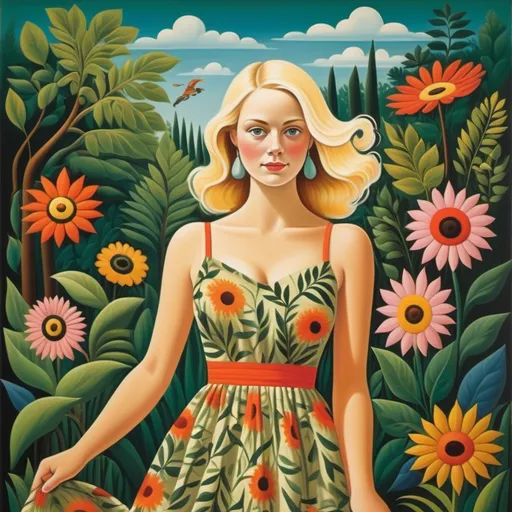 Prompt: Vibrant and playful depiction of a beautiful blonde woman wearing a sundress in the style of Henri Rousseau with bold colors