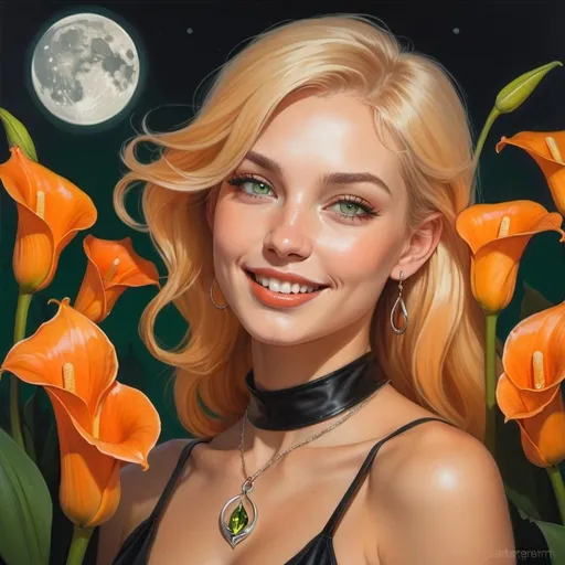Prompt: a painting of an amused blonde bangs green-eyed Caucasian woman, thin orange choker with silver drop pendant, in a field of orange calla lilies with a crescent orange moon in the background , Artgerm, gothic art, stanley artgerm lau, a detailed painting