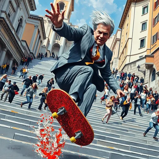 Prompt: A gray haired businessman in a gray flannel suit rides  a red glitter skateboard down the Spanish steps in Rome and launches into air. Pop art detailed facial features. Wild motion. Unusual angle. Colored oil, thick palette knife swirling, splatter-splash as Skateboard create splash as big crowd of tourists run away from man.