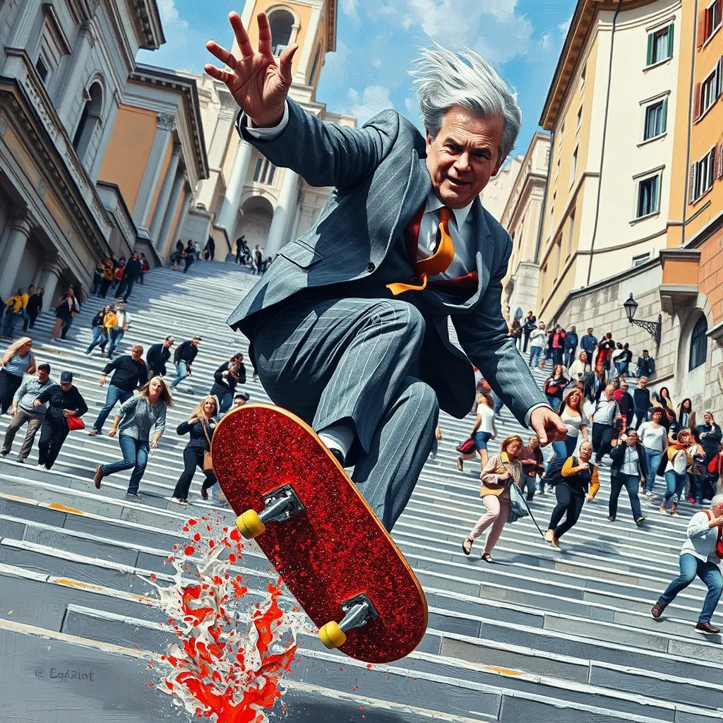 Prompt: A gray haired businessman in a gray flannel suit rides  a red glitter skateboard down the Spanish steps in Rome and launches into air. Pop art detailed facial features. Wild motion. Unusual angle. Colored oil, thick palette knife swirling, splatter-splash as Skateboard create splash as big crowd of tourists run away from man.