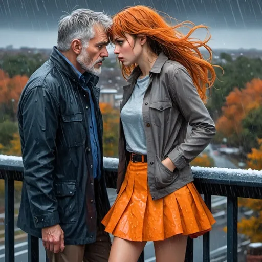 Prompt: 4k, high resolution, detailed, mixed media, colored inks, gouache, watercolor, dramatic, expressionism, rain, wind, snow, dark clouds. pretty orange bangs woman and gray-haired, gray bearded, man argue angry upset strong emotion, lean against railing,  park, autumn, street light, raining, blue eyes, short brown  bangs hair,  cute flared mini skirt reveals legs ,focus on legs, high heels, close up, dark colors , night,  detailed eyes, dramatic expression, autumn park,  raining, professional, fashion , orange themed photo  